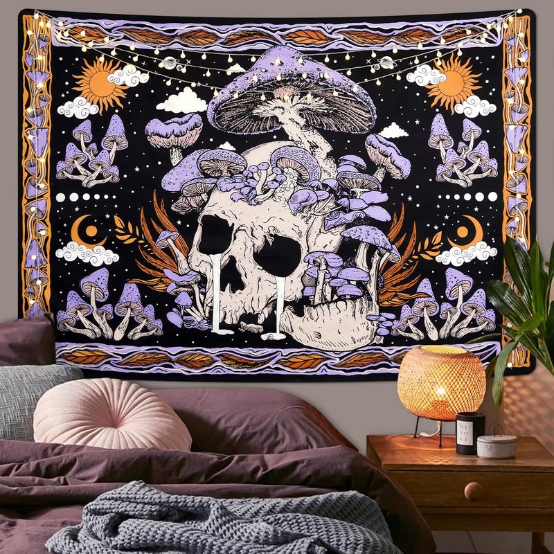 Uspring Mushroom Tapestries Skull Skeleton, Leaves, Large Purple Tapestry for Bedroom, Wall Hanging for Room (51.2 x 59.1 inches) - Image 2